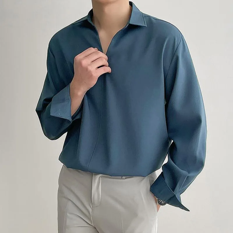 

Men's Loose And Fashionable V-neck Pullover Long-sleeved Shirt, Korean Version Of Trendy Men's Ruffian Handsome Solid Color Drap