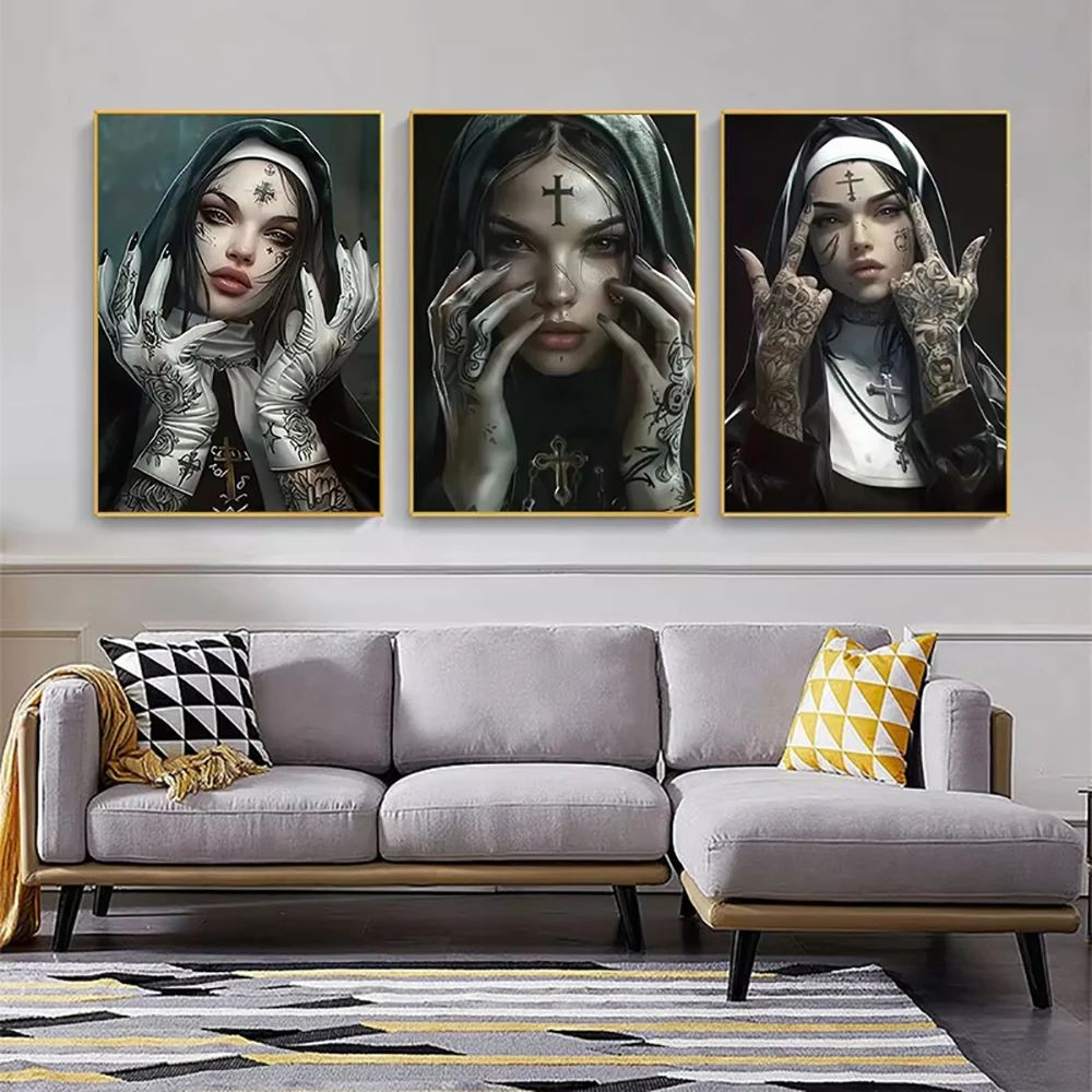 Fashion Girl Tattoo Nun Canvas poster Wall Art Vintage Elegant Canvas Printing For Living Room, Bedroom And Home Decoration view 5