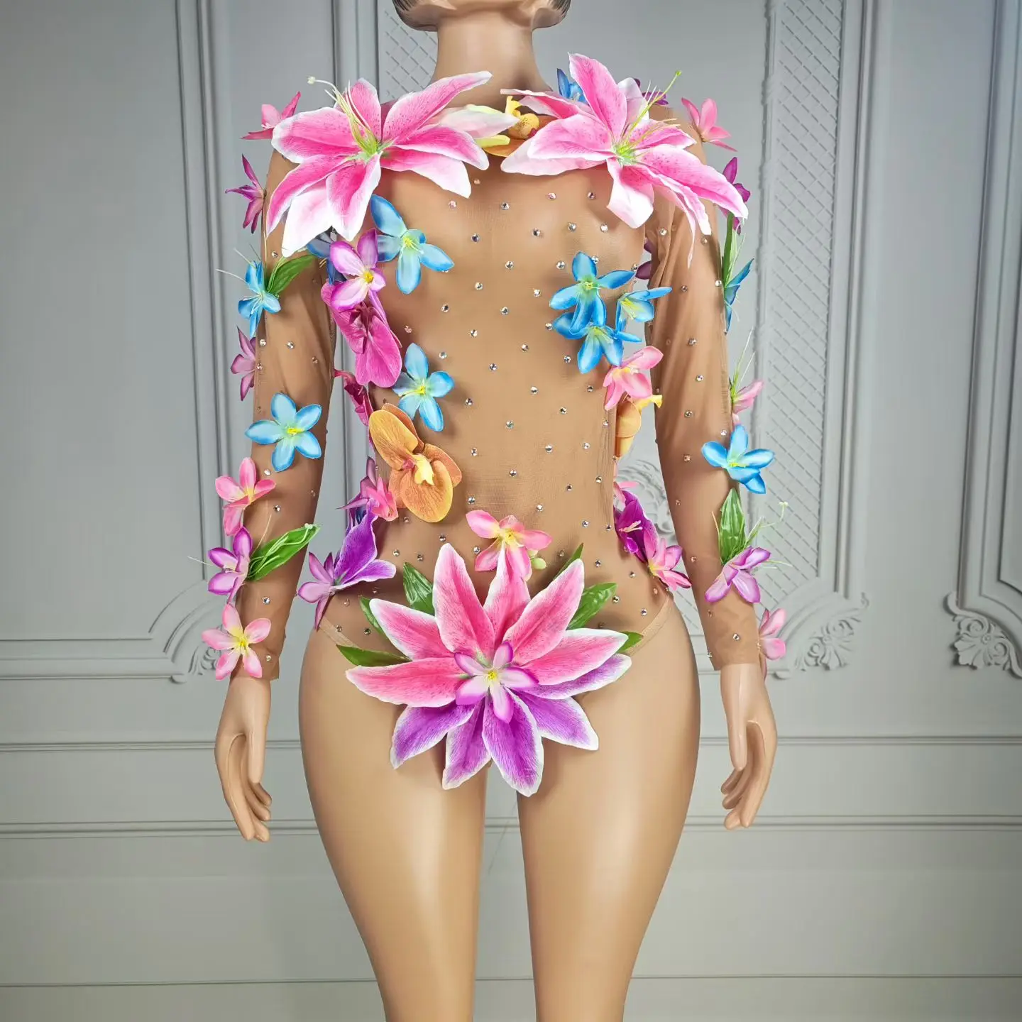 Huaduogaocha Women Round Neck Multicolor 3D Flower Rhinestone Sheer Mesh Bodysuit Tropical Nightclub Stage Performance Outfit