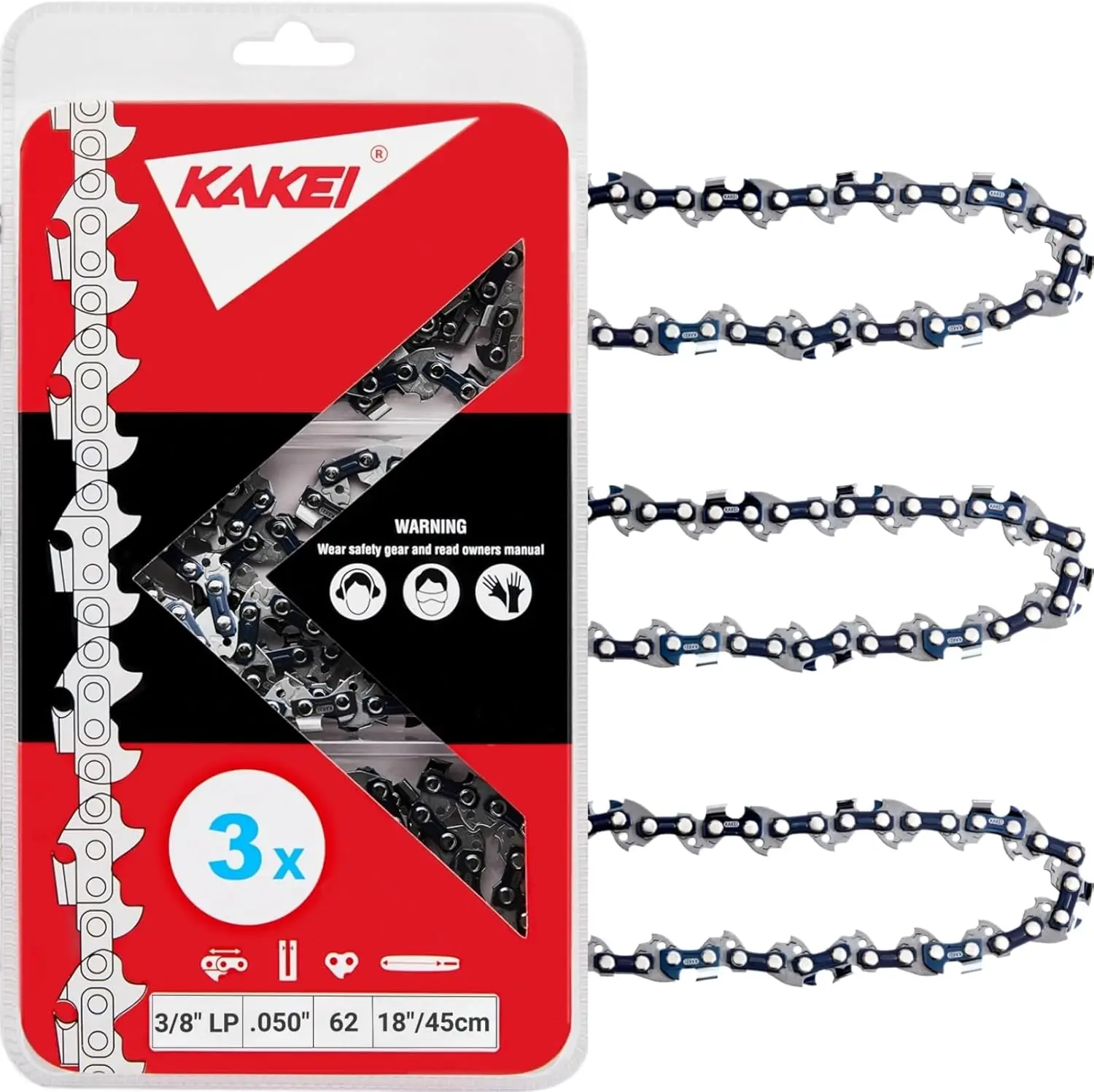 

18 Inch Chainsaw Chain 3/8" LP Pitch .050" Gauge 62 Drive Links for S62 (3 Pack) - Semi Chisel