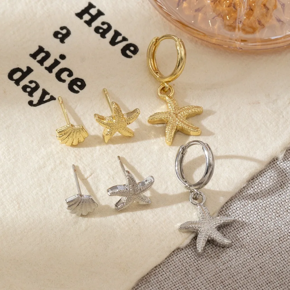 3Pcs Retro Fashion Ocean Starfish Shell Stud Earrings Dangle Huggie Hoop Earrings Set for Women Summer Beach Vacation Jewelry