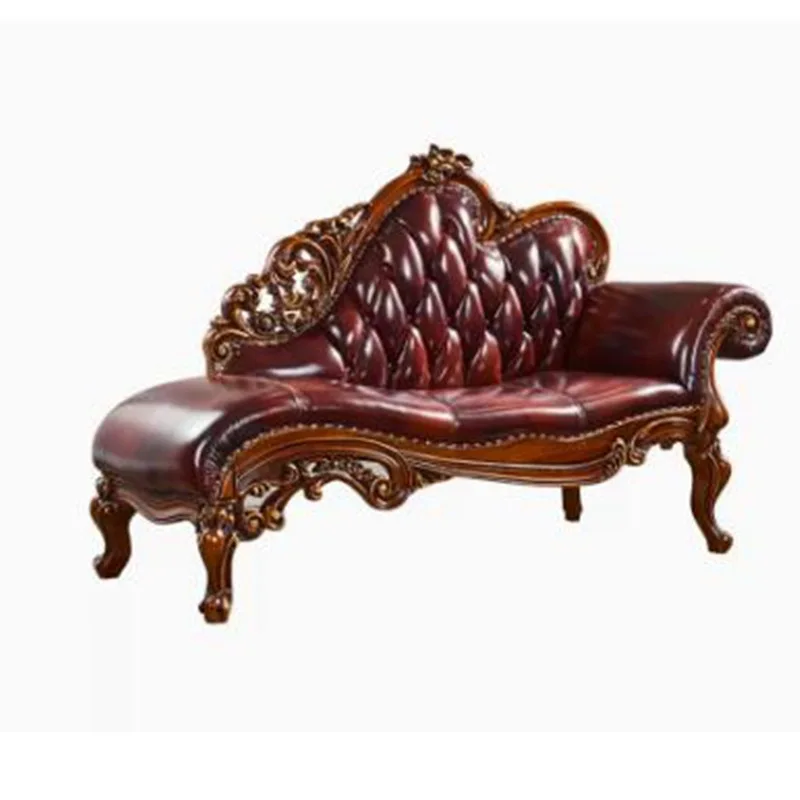 

European luxury chaise longue solid wood carving flower chaise longue sofa American leather chaise longue bedroom beauty couch