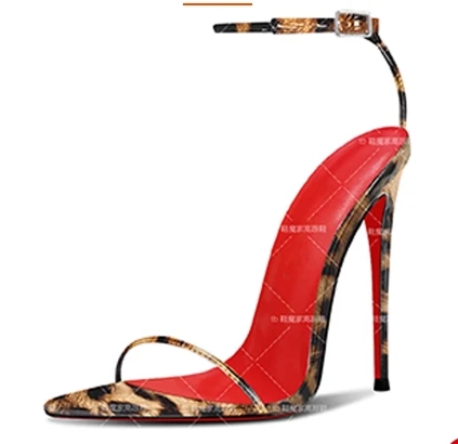 

European and American leopard print 12cm pointed straight buckle with sexy high-heeled shoes, women's slim heeled sandals