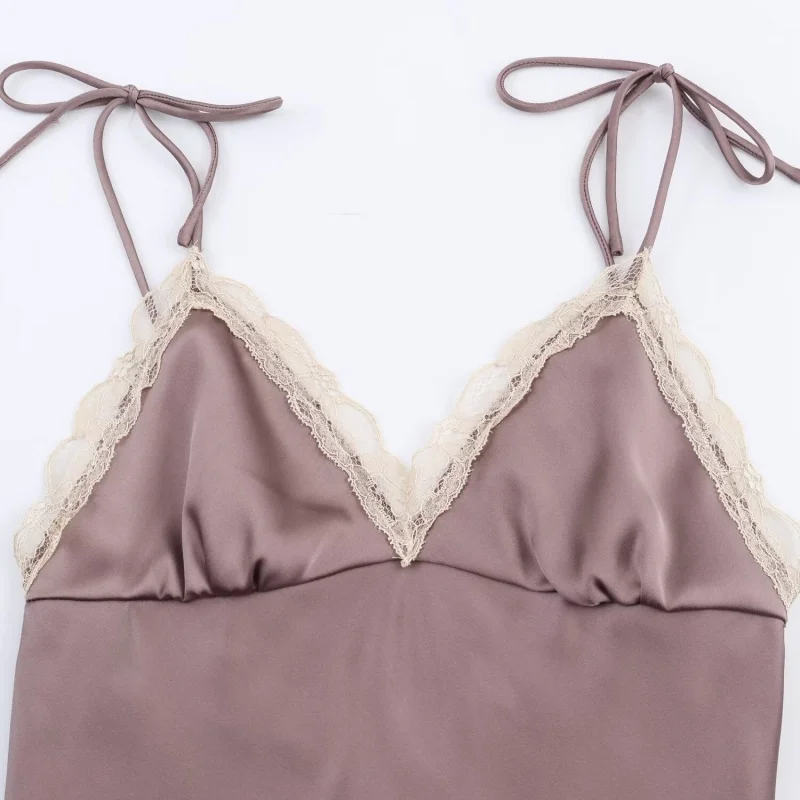 الخريف الخامس الرقبة بلا أكمام الدانتيل المرقعة الساتان ميدي فستان طويل المرأة عارية الذراعين الرسن سستة فستان أنثى مثير ملابس الحفلات 2025 جديد #3