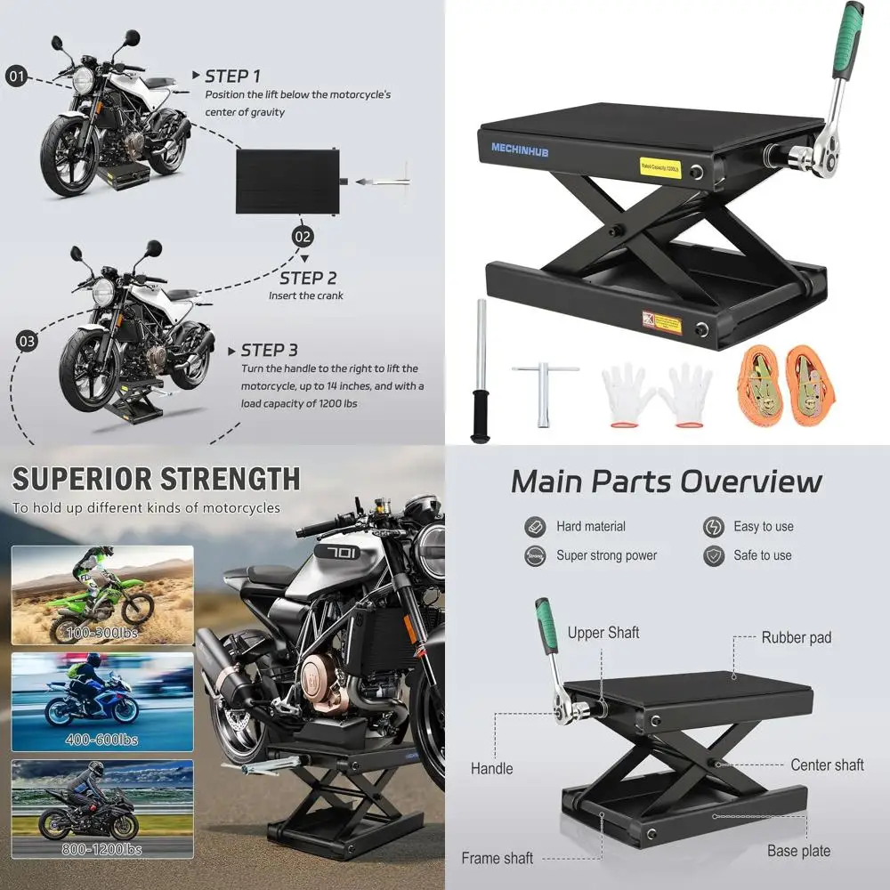 

Стальной ножничный подъемник для мотоциклов на 1200 фунтов, регулируемая высота 4-14,17 дюйма, подходит для мотоциклов, квадроциклов, мотокросса - черный