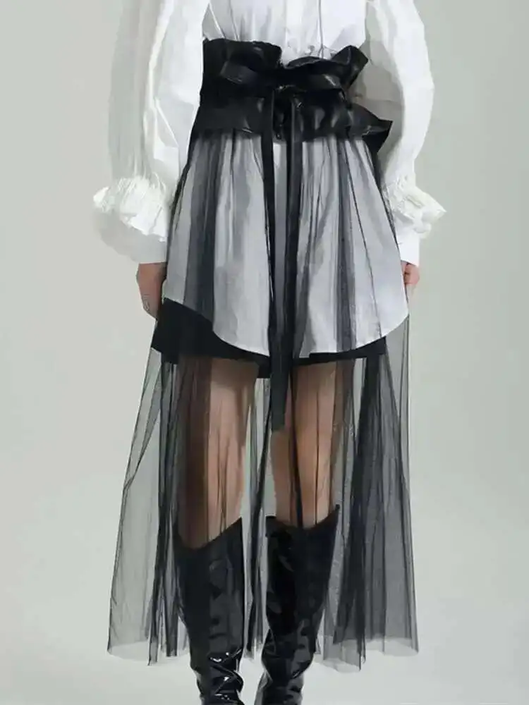 

High Waist Black Pu Leather Ruffles Mesh Long Elegant Half-body Skirt Women Fashion Tide New Spring Autumn 2025 1DF6219