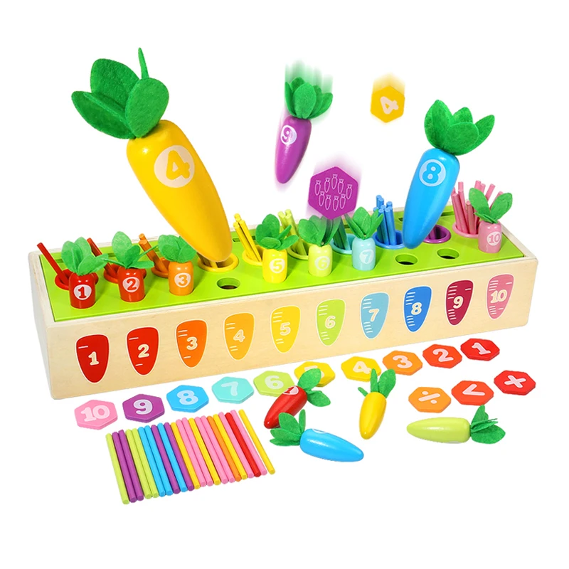 

Montessori Math Teaching Aids 3 in 1 Counting Intelligence box Children Educational Wooden Carrot Color Sorting Toys for Kids