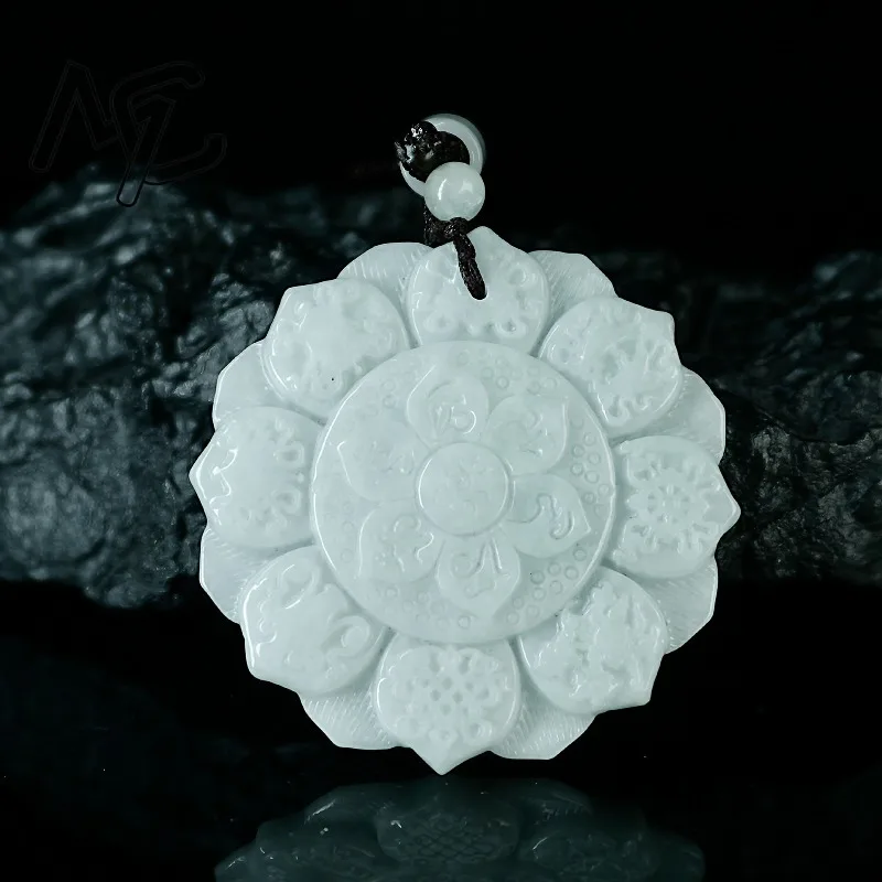 Real Natural Myanmar Emerald Jade Double-sided Lotus Pendant Necklace Carved Jadeite Jewelry Fashion Amulet Gifts Certificate view 4