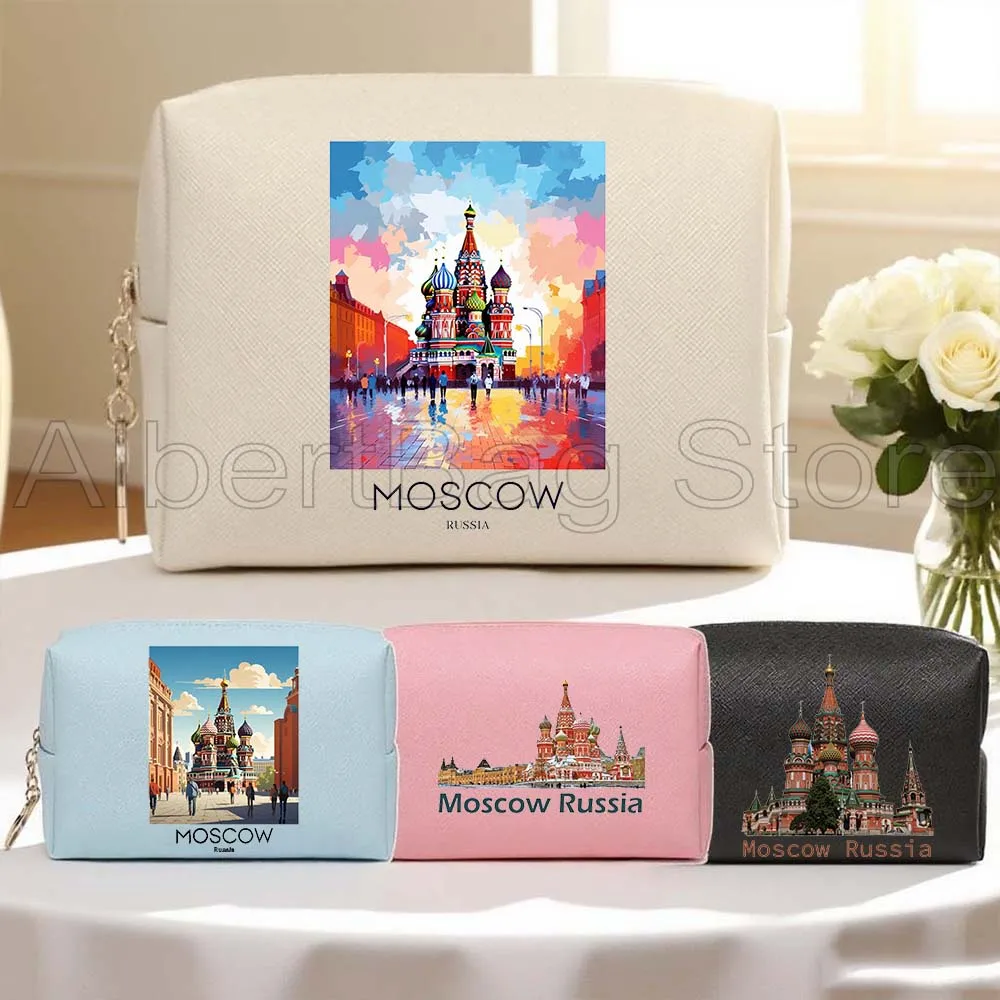 

Moscow Russia Icon Cathedra Pop Art Fashion PU Leather Travel Cosmetic Bag Women Makeup Case Waterproof Toiletry Storage Bags