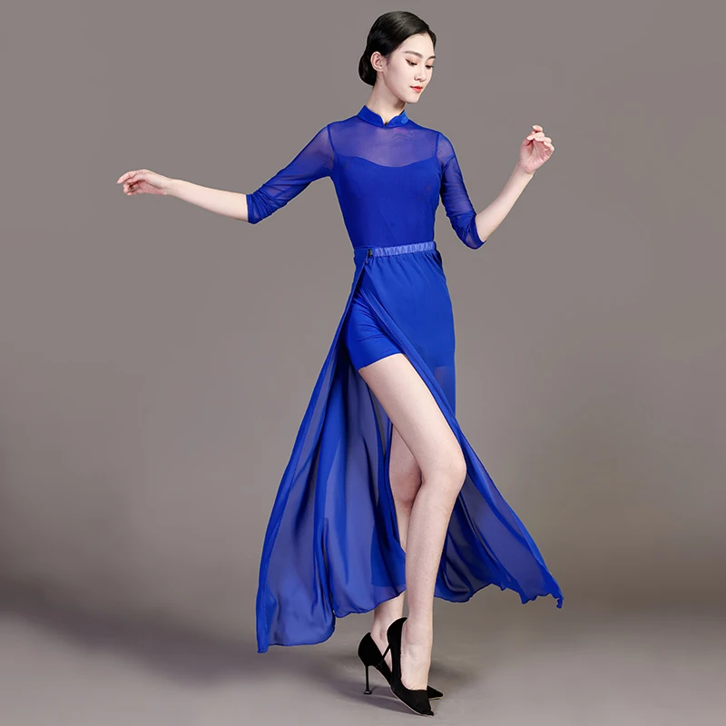 

Женское балетное платье, лирический костюм для латинских танцев, костюм без рукавов с замочной скважиной сзади, блестящие стразы, сетчатое платье макси с разрезом по бокам