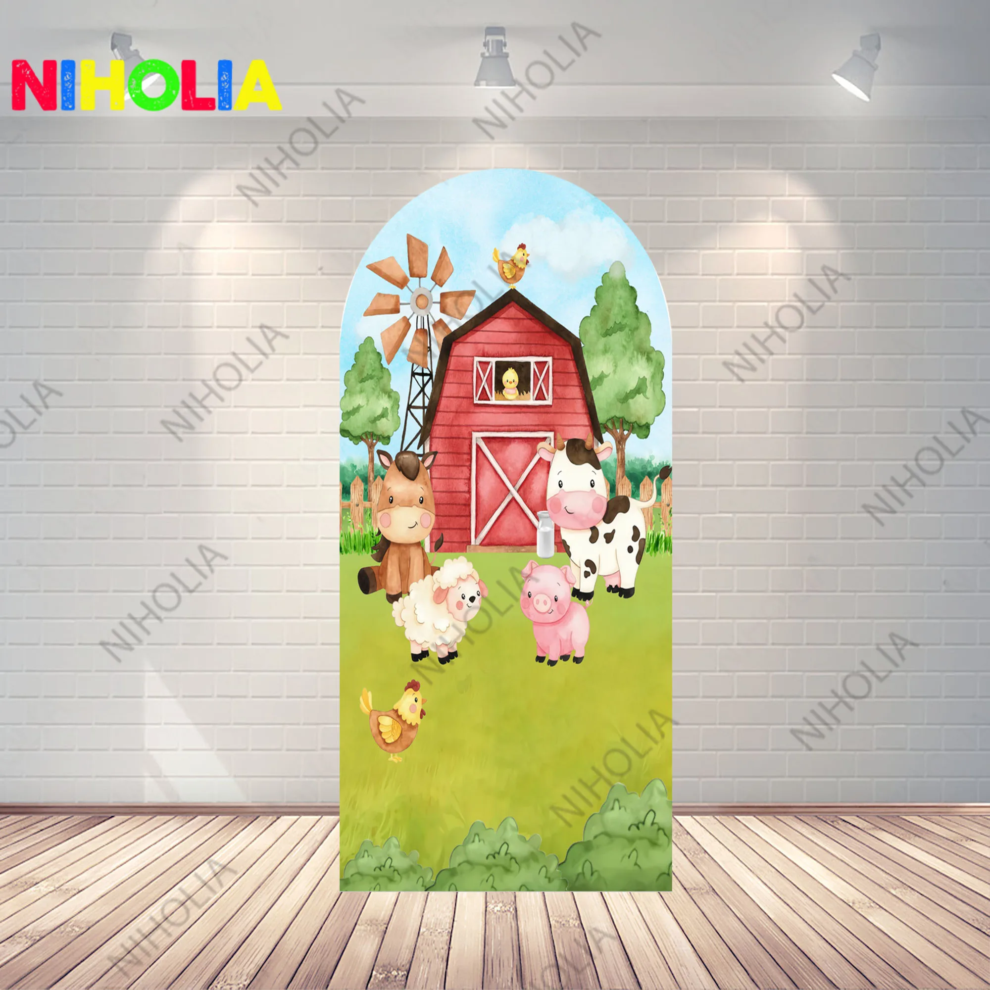 Niholia Farm Animals Arch Backdrop Kids Birthday Party Photo Background Baby Shower Double Side Polyester Fabric Photo Booth Prop