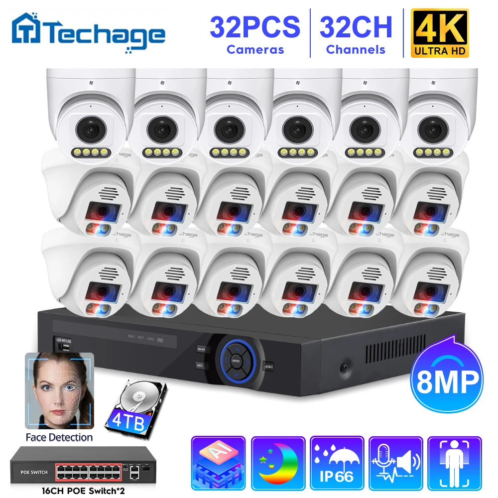 32CH 4K Ai CCTV NVR System Colorful Night Outdoor POE IP Camera 8MP 1.7MM/3.6MM Dome H.265 Audio Video Security Camera Kit XMeye