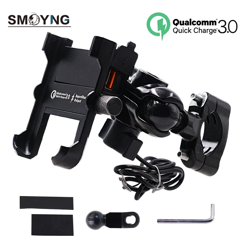 

SMOYNG Aluminum Motorcycle Phone Holder QC3.0 Quick Charge Moto Handlebar Mirro Bracket Stand Support For iPhone Xiaomi Mount