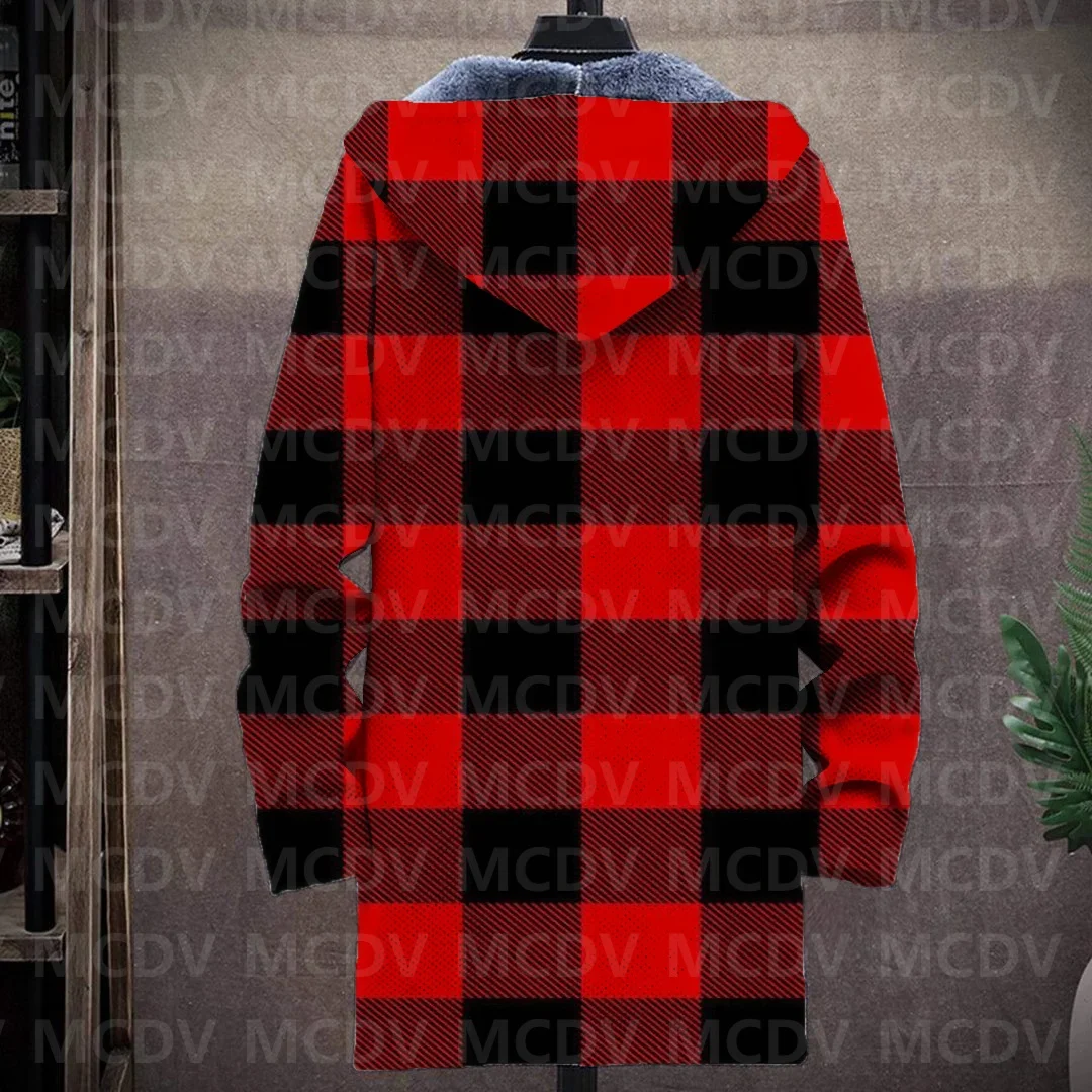 Men's Retro Print Plush Thick Long-Sleeved Coat Cardigan Christmas Grid Art 3D Prined Fleece  Overcoat Unisex Thick Warm Jacket