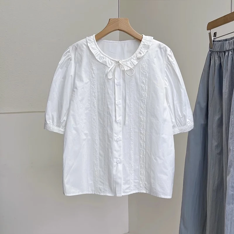أفضل بلوزة صيفية للنساء: تقييم شامل لـ Korean Sle Pure Cotton Lace Trim Belted White Shirt