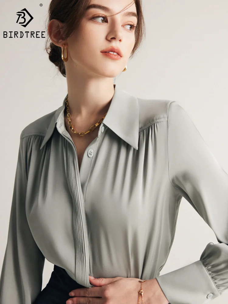 Birdtree 19Mm 90% Silk 10% Spandex Shirts Women Turn Down Collar Pleated Loose Tops Long Sleeve Office Autumn Spring T36520JM