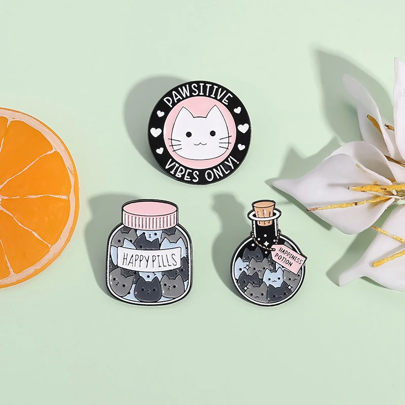 Pawsitive Vibes Only Enamel Pin Happy Medicine Happiness Potion Cute Kitty Brooch Lapel Badge Jewelry Gift For Cat Lover Friends
