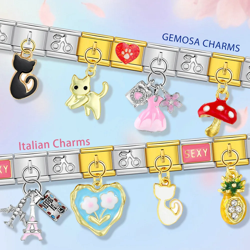 GEMOSA Cute Romantic Charm Pink Skirt Fruit Rainbow Cat Pendant Italian Link Fit 9mm DIY Bracelet Making Stainless Steel Jewelry