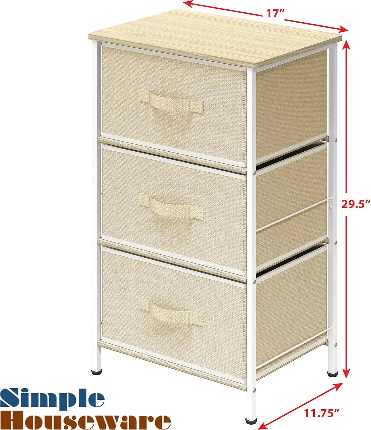 

3 Drawer Nightstand Dresser With Wood Top, Beige