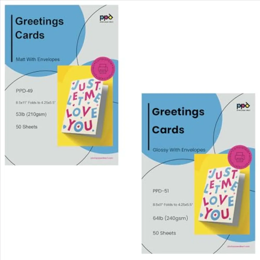 

Inkjet Bundle Matte Photo Quality Printable Greeting Cards LTR 8.5x11" 53lbs With Envelopes x 50 Sheets and Glossy Printable Gr