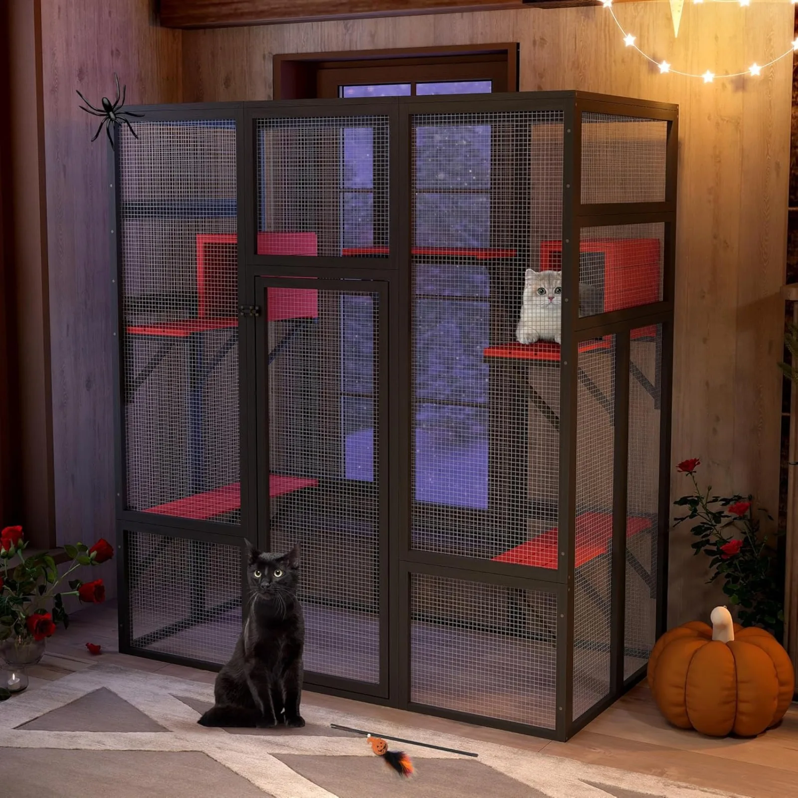 US 70Inches Large Spacious Wooden Catio Outdoor Cat Enclosure with Perches and Condos, Cat Cage Indoor with