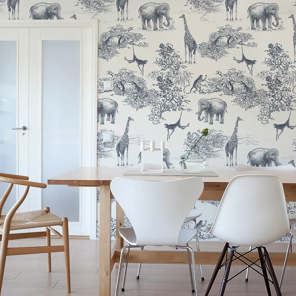 Retro Blue Sketch Animal Vinyl Wallpaper Vintage Elephant And Giraffes PVC Wall Mural Waterproof And Durable Cabinet Sticker
