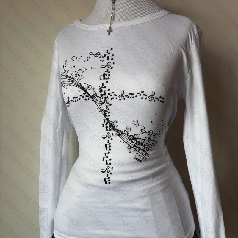 เสื้อยืดแขนยาวสไตล์ Y2K แนวหวานซ่อนเปรี้ยว สำหรับผู้หญิง ลุคแคชชวล กอธิค พังก์ พิมพ์ลาย เสื้อยืดฮาราจูกุ กรันจ์ อีโม