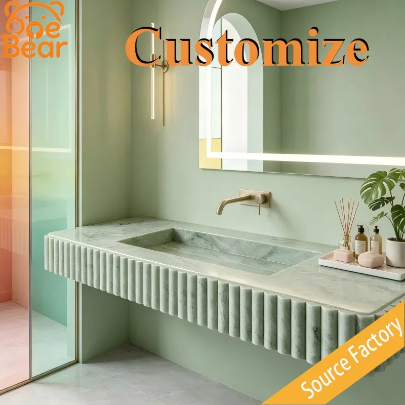 Natural Fluted Stone Wall Mounted Integrated Vanity Sink, Rectangular Floating Wash Basin For Minimalist Home Bathroom Decor