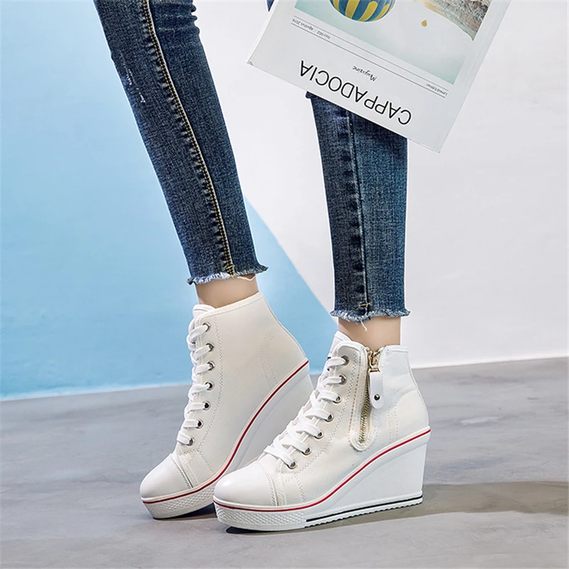 Spring and autumn new high -top bandage high -heeled canvas shoes loose bottom slopes thick leisure large size women's shoes