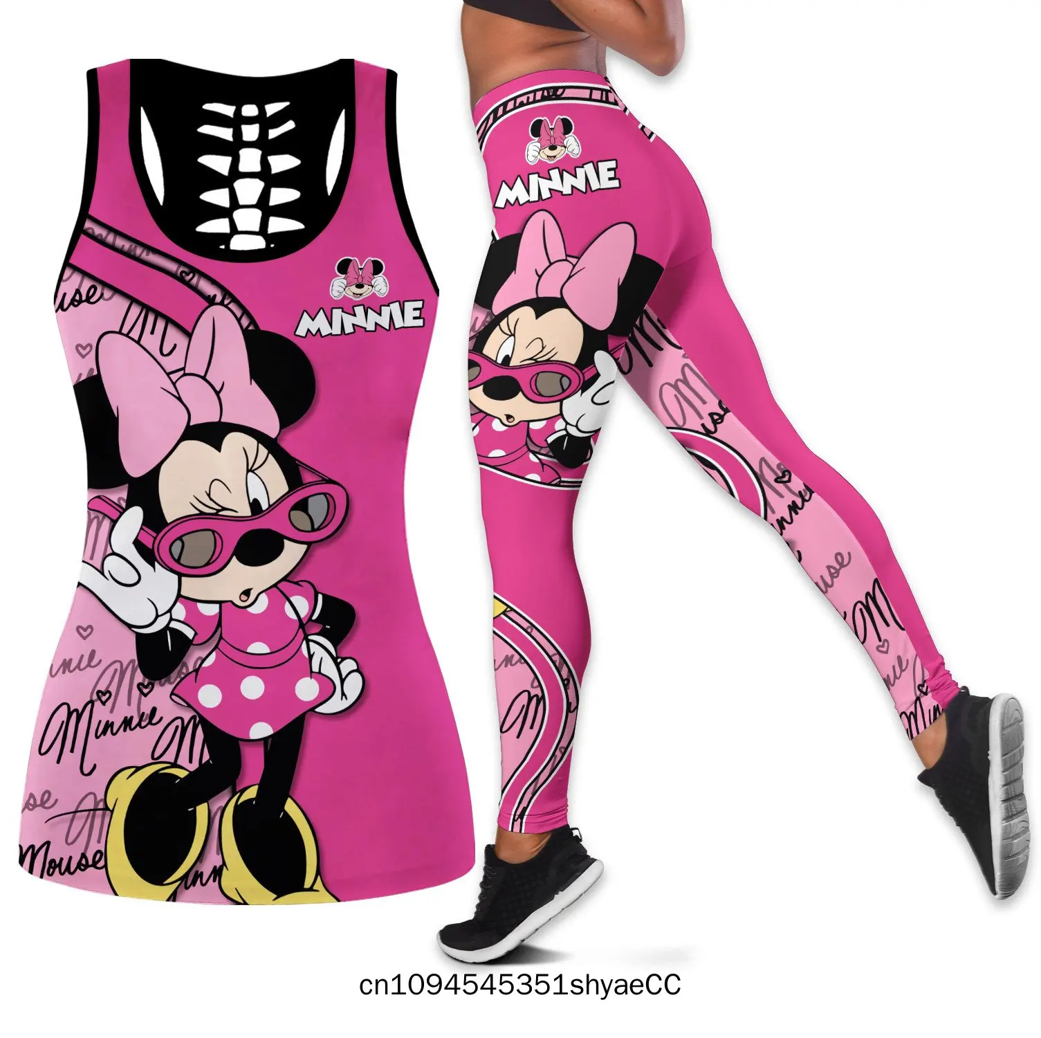

Disney Minnie Mouse Women's Hollow Vest + Women's Leggings Yoga Suit Fitness Leggings Sports Suit Disney Tank Top Legging Set