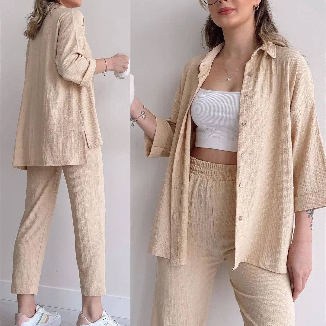 Pant Sets Women Green Two Pieces Set Long Sleeve Lapel Button Shirt Loose Wide Leg Trouser Outfits Work Sporty Suits Y2k