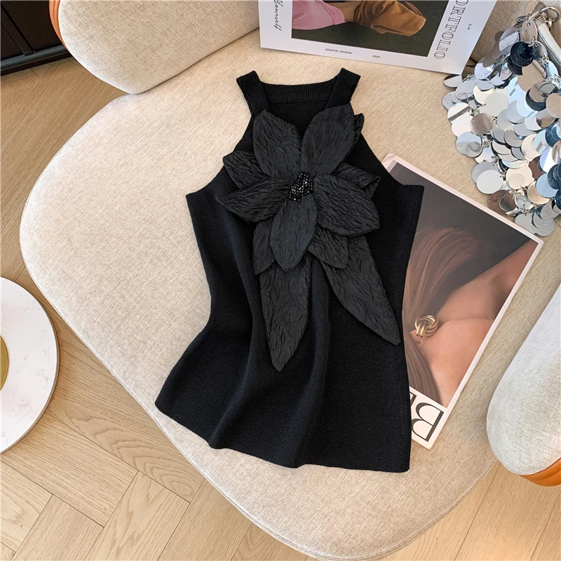 Chic Sweet Fashion Summer Black White 3D Beading Large Flower Knitted Tank Tops Women Halter Sleeveless Elastic Knitwear Vest