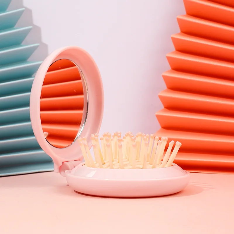 Nowy składany mini grzebień 3 w 1 - szczotka do masażu z poduszką powietrzną i lusterkiem, ultra przenośny do torebki i podróży, urocze narzędzie do włosów dla kobiet