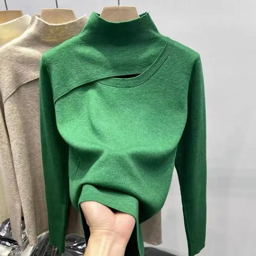 

Simplicity Half Height Collar Autumn Winter All-match Hollow Out Top Tee Sweater Knitting Long Sleeve Interior Lapping Women's