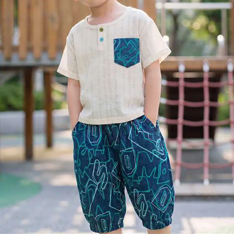 MILANCEL Kinderkleidungsset 6M-6T, belüftetes, ausgehöhltes T-Shirt für Jungen + Hose mit bunten Streifen, lockerer, dünner Kinder-Freizeitanzug, 2-teilig