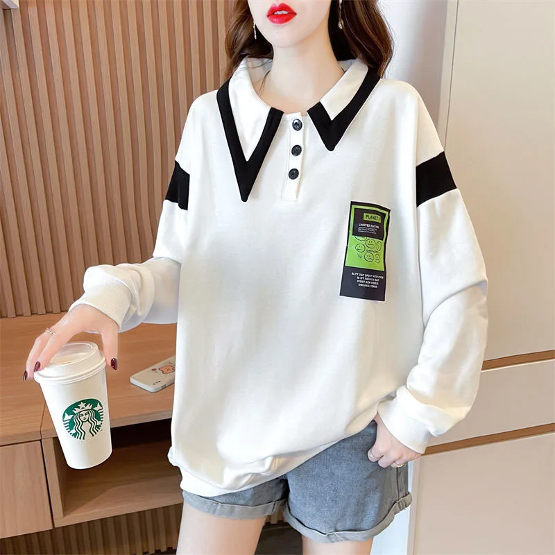 New Autumn, Spring, and Autumn Fashion Trend Patchwork Contrast Polo Collar Thin Loose Versatile Simple Female Student Sweater