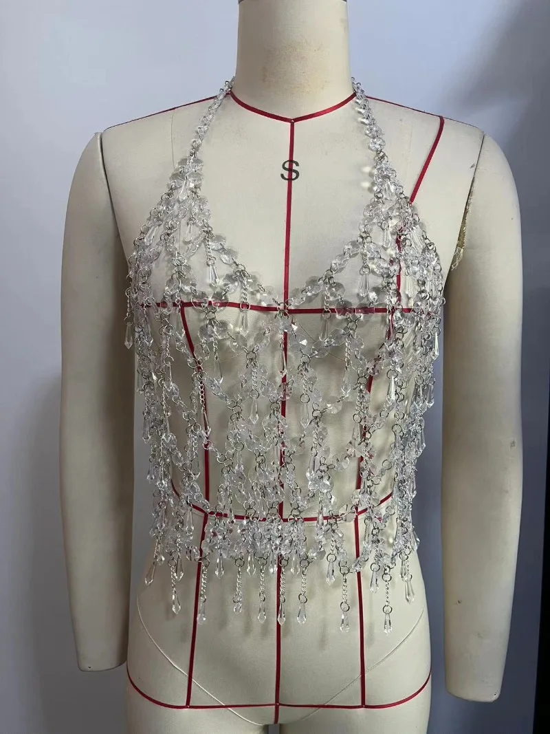 Catena per il corpo con strass di cristallo scintillante Donna Sexy scava fuori Vedi attraverso scollo a V Halter Backless Nappa Gilet Clubwear Camis