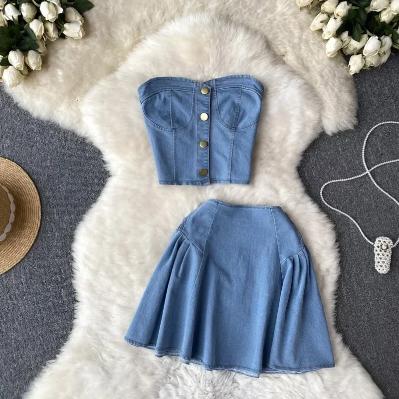 

Women Dress Stets Denim Washing Two Pieces Strapless Vest Sheath Basics Pleated Mini Skirts Solid Pockets 2025 Button Sexy