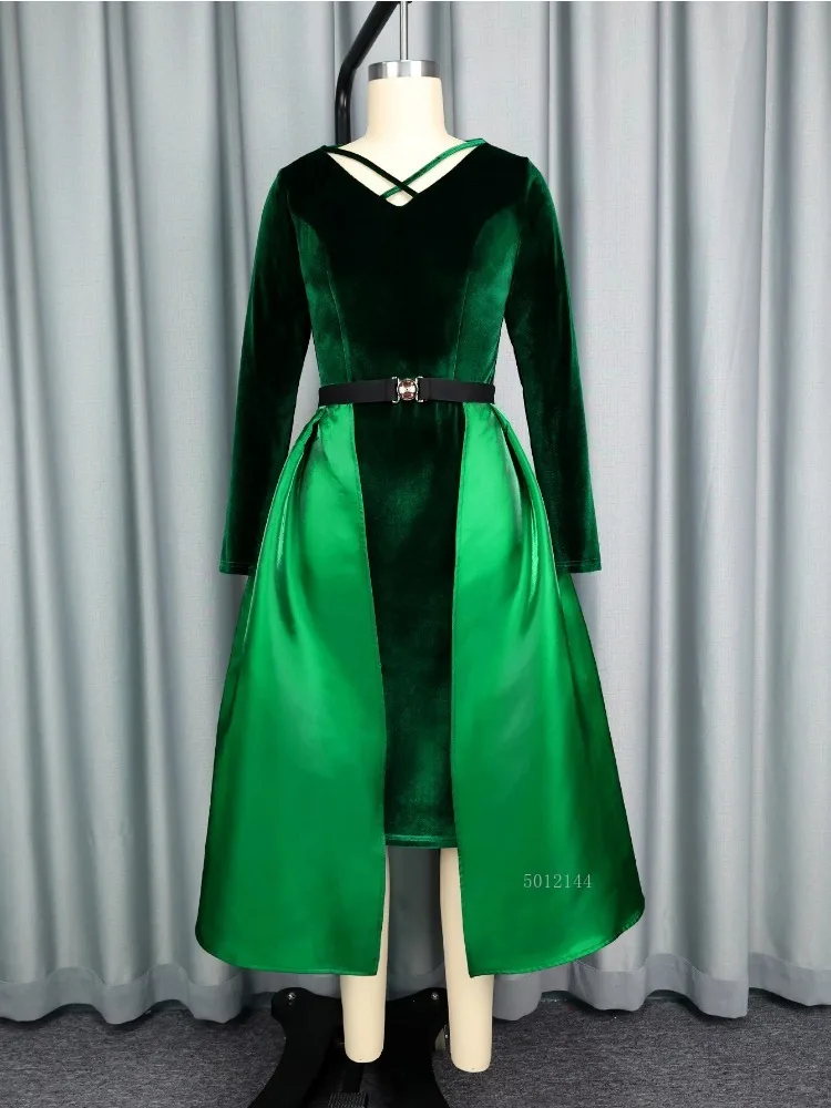 Elegant Asymmetrical Velvet Satin Dress V-Neck Long Sleeve Patchwork Midi Gown with Sashes for Women Party Wear
