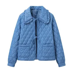 Woman Fashion Blue Loose Cotton Jacket 2024 Female High Street Argyle Jackets Girls Casual Lacing Outwear