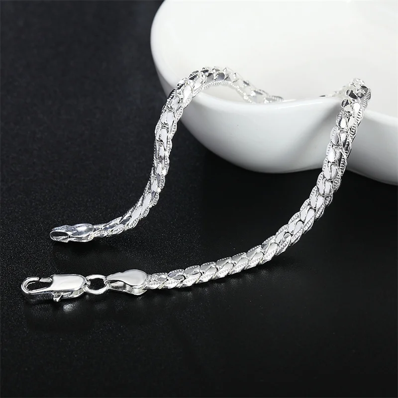 925 Sterling Silver Bracelet 6mm 18/20cm Flat Side Chain Lobster Clasp For Woman Man Wedding Engagement Jewelry