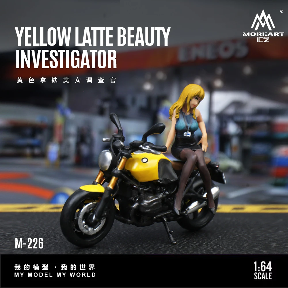 

MoreArt 1:64 Yellow Latte Beauty Investigator Motorcycle Girl Set ,Resin Model For Gift&Display&Collection