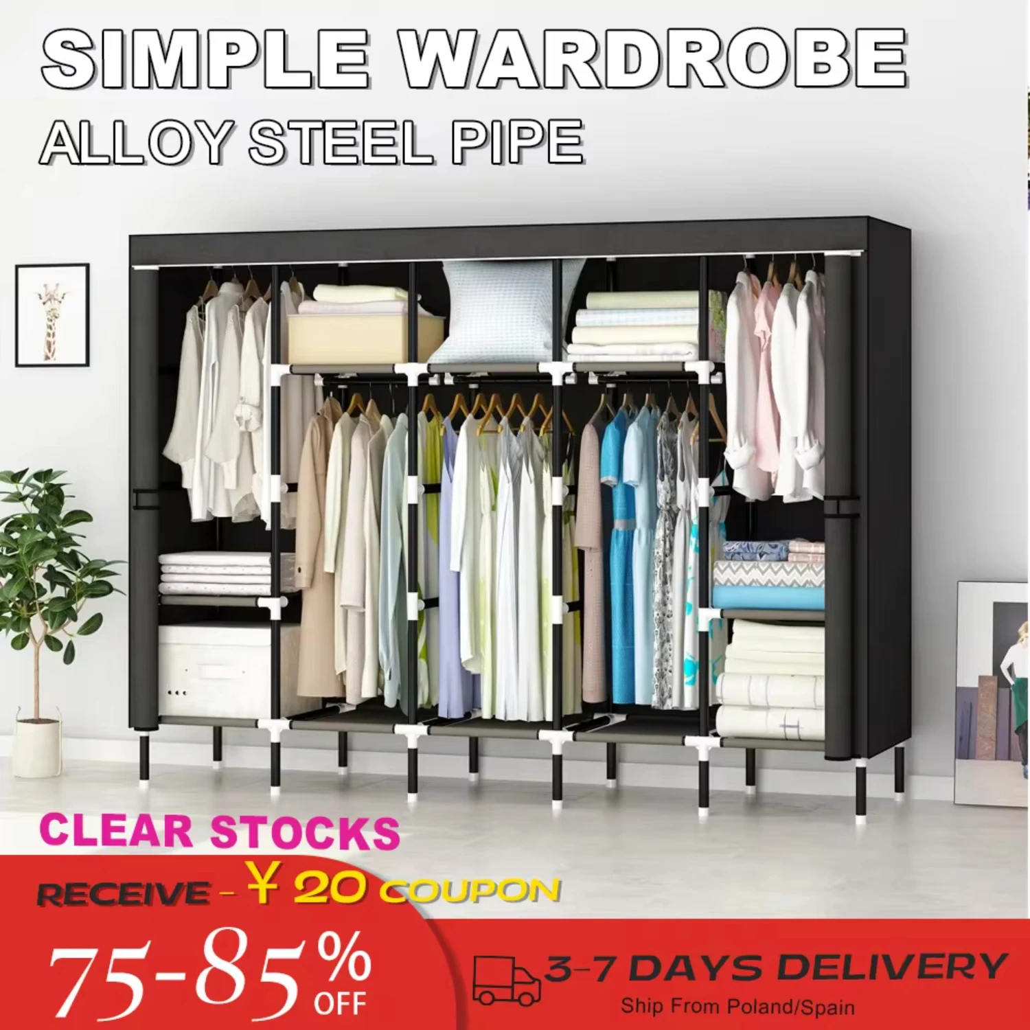 Closet Wardrobe 80in 203x42x170CM Wardrobe Steel Fabric Clothes Hanging with 10 Shelves & 5 Hanging Rods