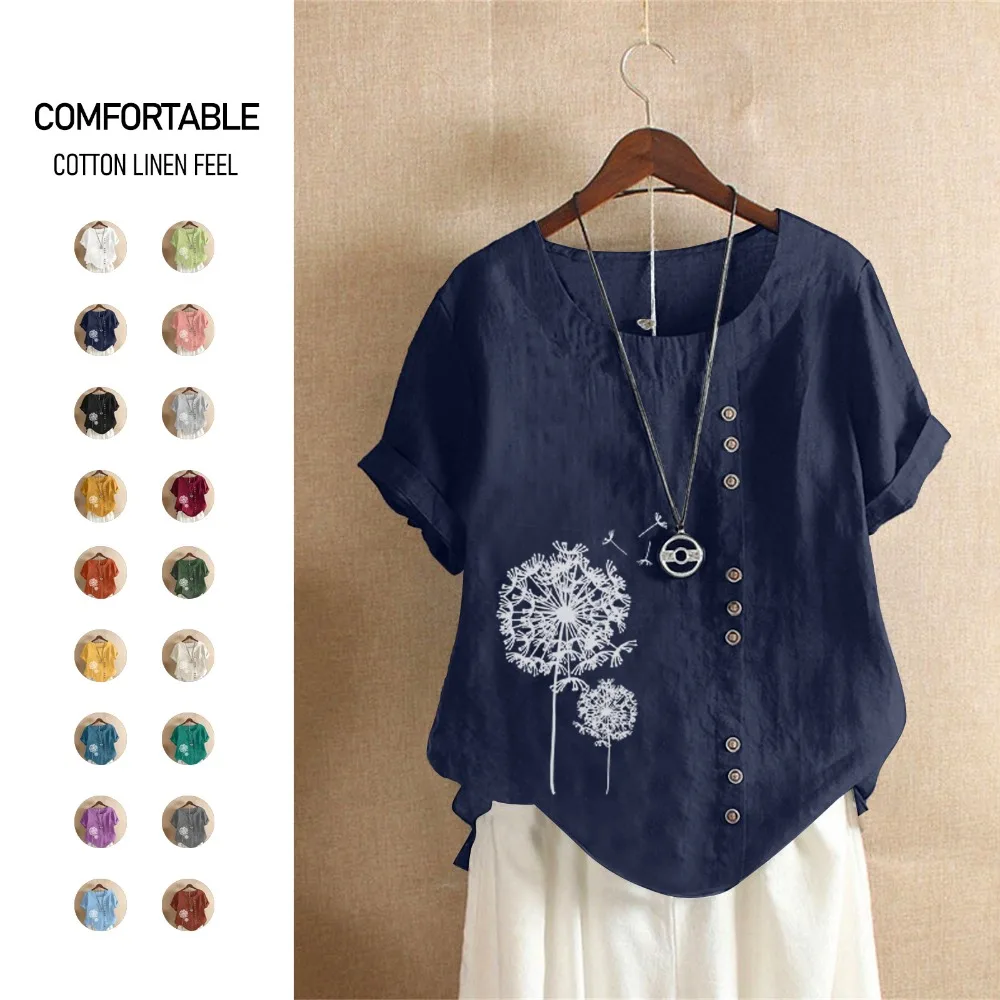 

2025 Oversized S-5XL Women Loose Floral Print Cotton Linen Blouse Shirts Summer Female O-Neck Short Sleeve Vintage Holiday Tops