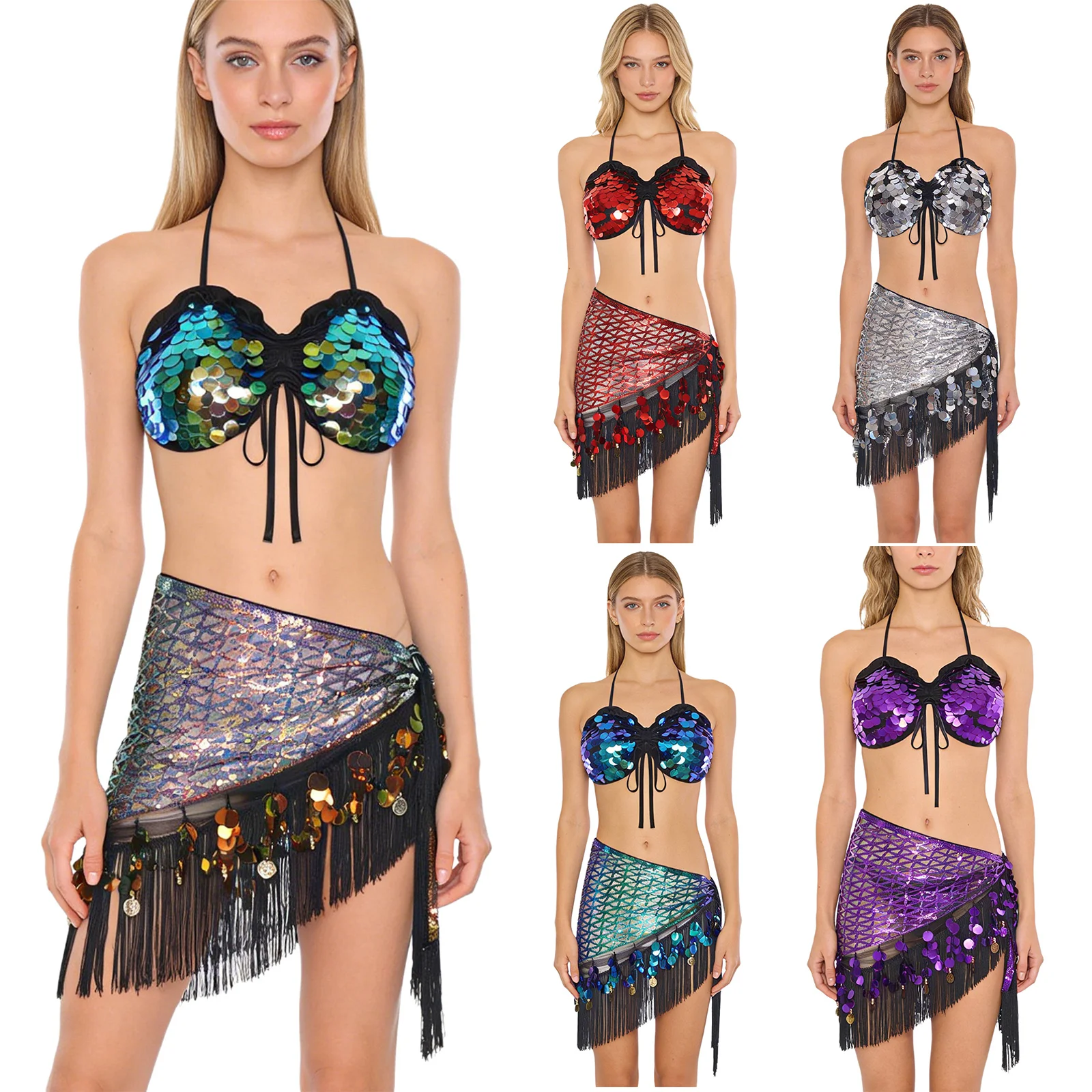 ชุดเต้นระบำหน้าท้องผู้หญิงประดับเลื่อมวิบวับ พร้อมเสื้อครอปผูกเชือกแบบผูกคอ + ผ้าคลุมสะโพกทรงสามเหลี่ยมประดับเลื่อมและพู่ห้อย พร้อมสายคาดเอว