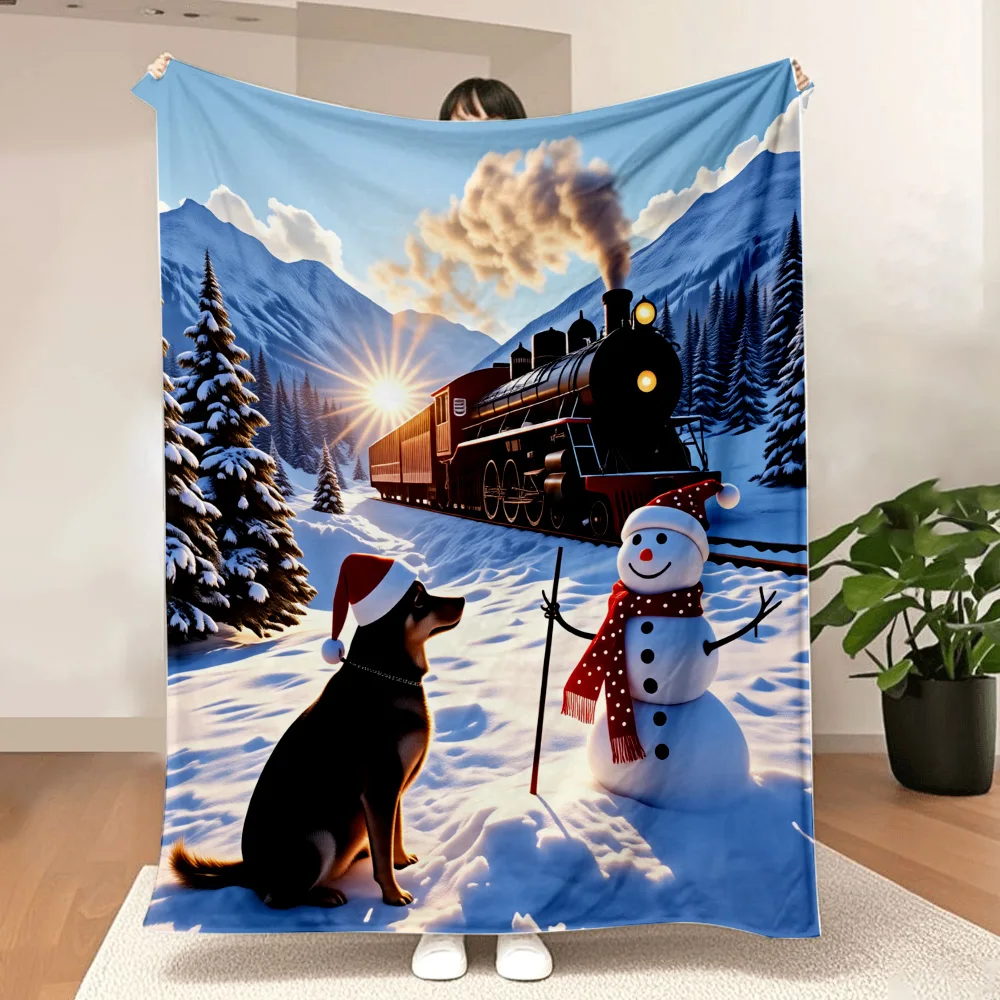 1PC Christmas Train and Snowman Print Blanket-Made of soft, fluffy flannel, perfect for the sofa or bed. Ideal for Christmas dec
