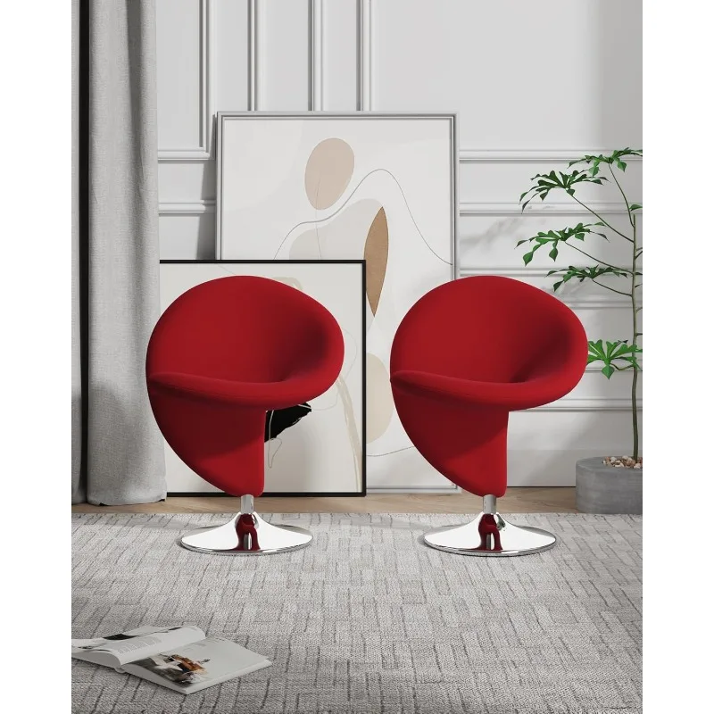 Curl Mid Century Modern Wool Blend Upholstered Living Room Swivel Accent Chair with Chrome Metal Base, Set of 2, Red