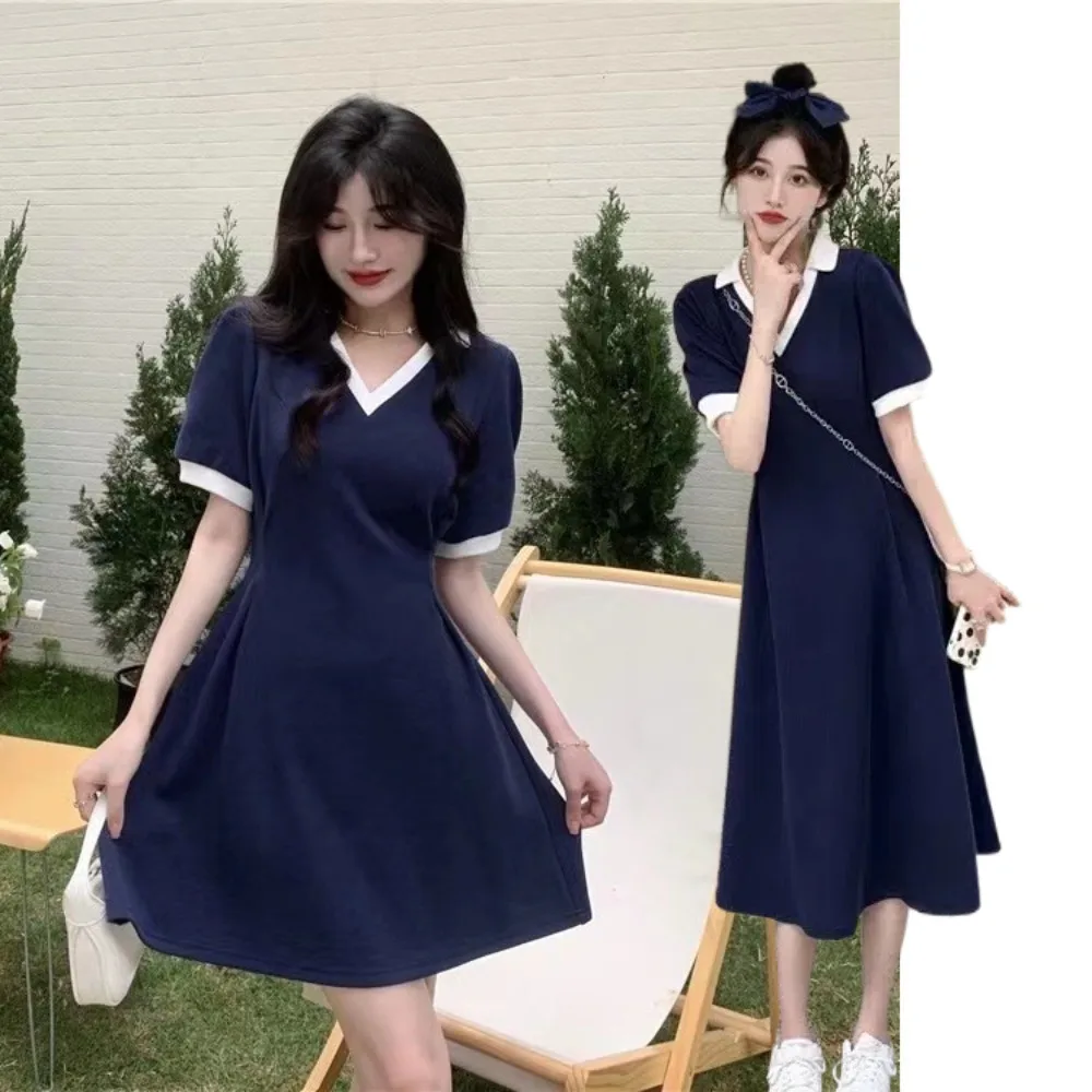 

Fashion Blue A- Line Short Dress Slim Fit V Neck Elegant Mini Dress Simple Patchwork High Waist Dress Girls