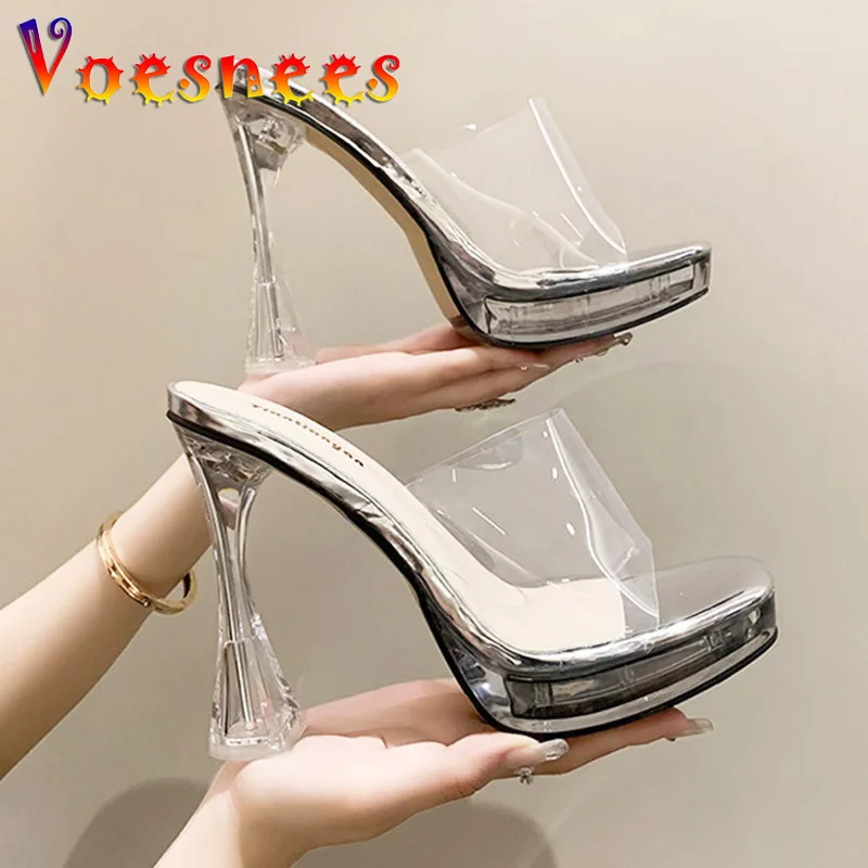 Transparent PVC Elegant High Heels 13CM Crystal Platforms Outdoors Slippers Square Toe Sexy Women Shoes Plus Size Slides Sandals