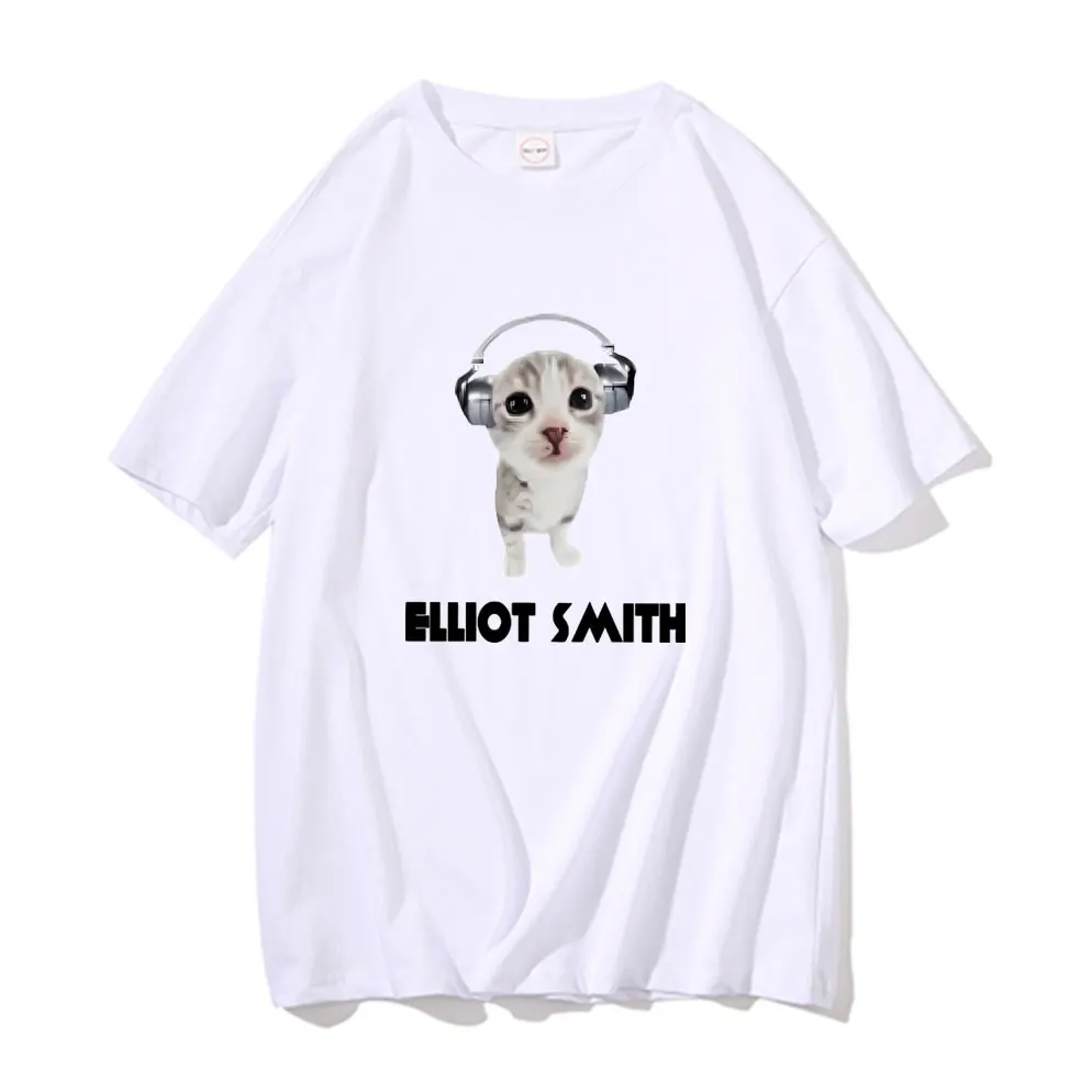 

Singer Elliott Smith Funny Cat with Headphones Meme Graphic Print Tshirt Men Women Casual Oversized T-shirt Male Cotton T Shirts